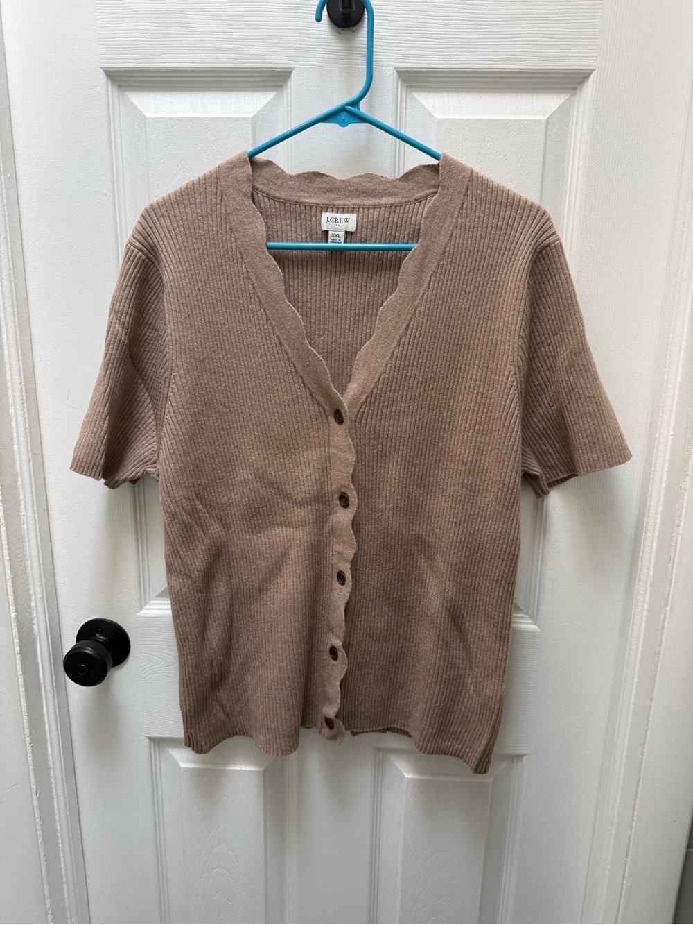 J. Crew Scalloped V-Neck Ribbed Cardigan in Taupe XXL